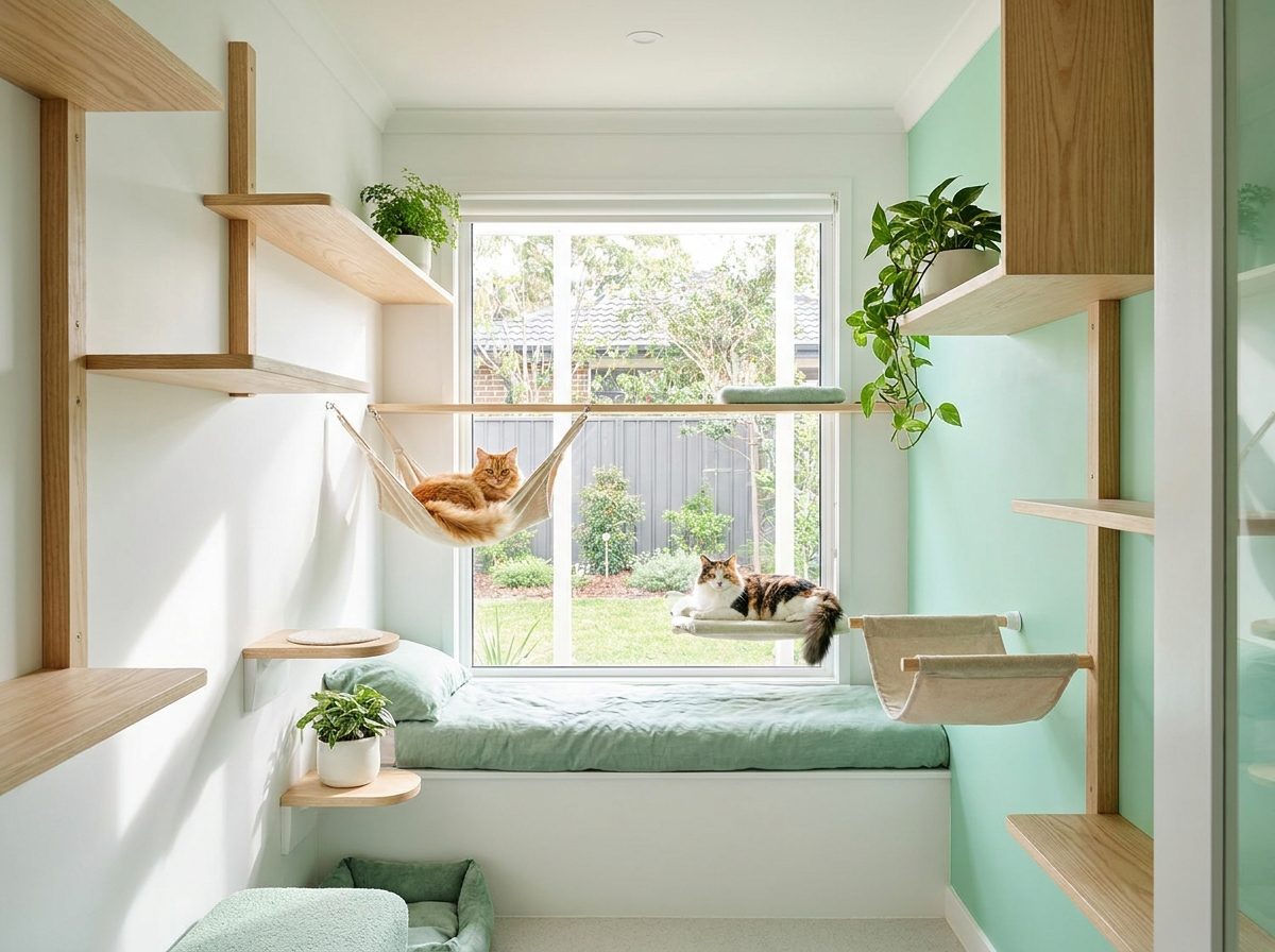 Cage-free cat suites with climbing shelves in the Pet Station cattery