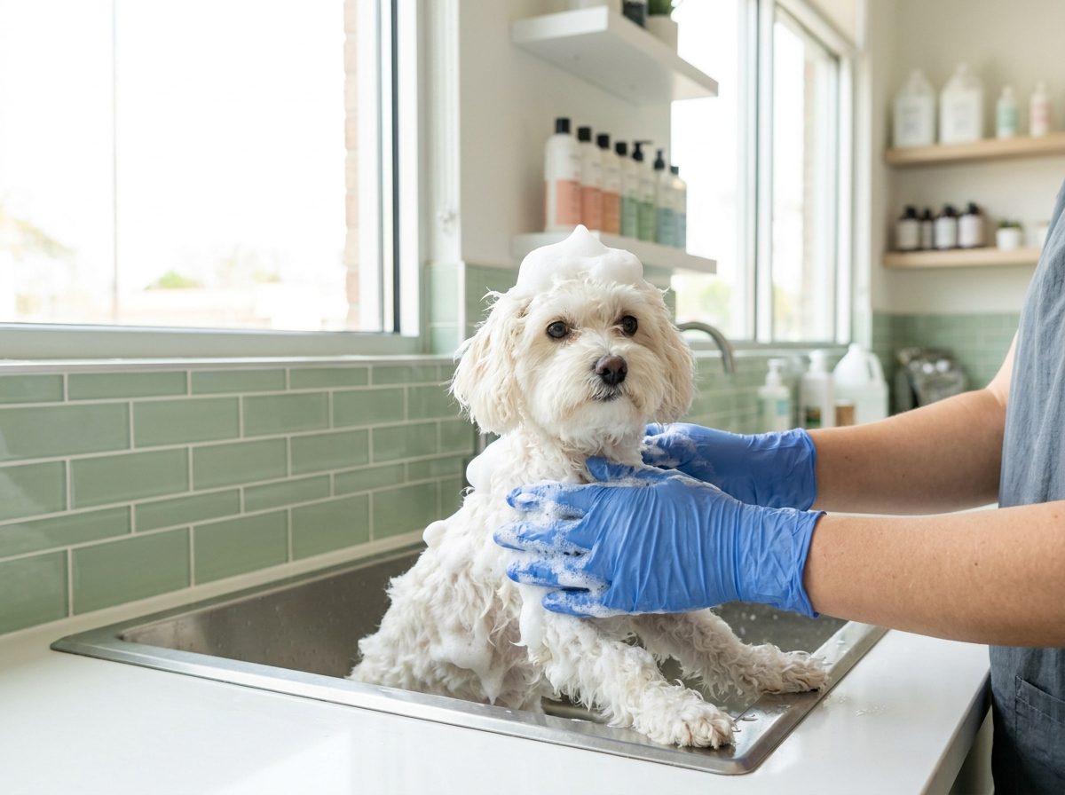A small dog enjoying a gentle shampoo bath in the grooming salon