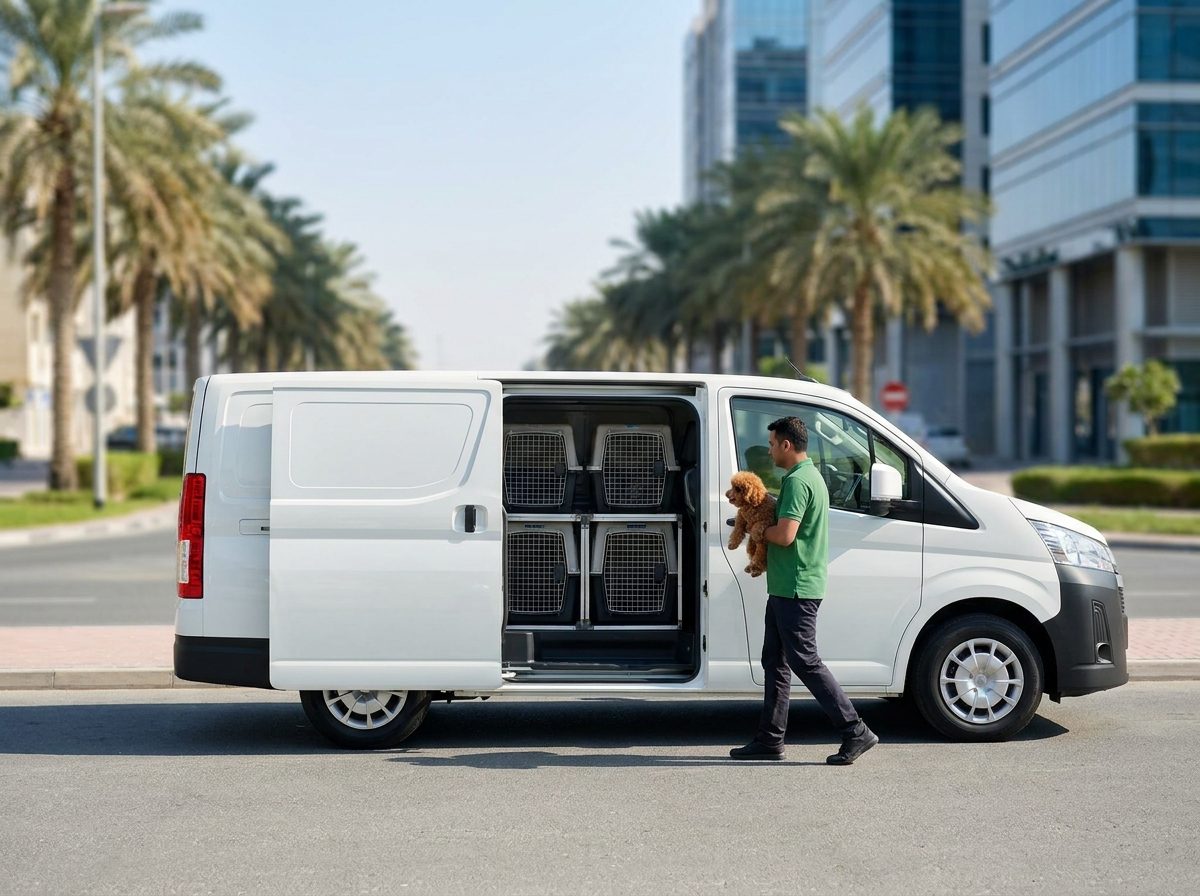 A handler carrying a small dog to a clean transport van with travel crates