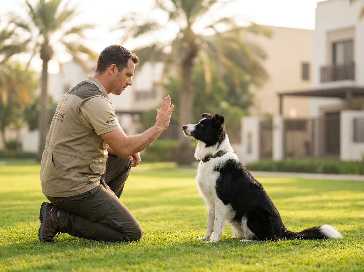A trainer working on obedience with a border collie on a green lawn