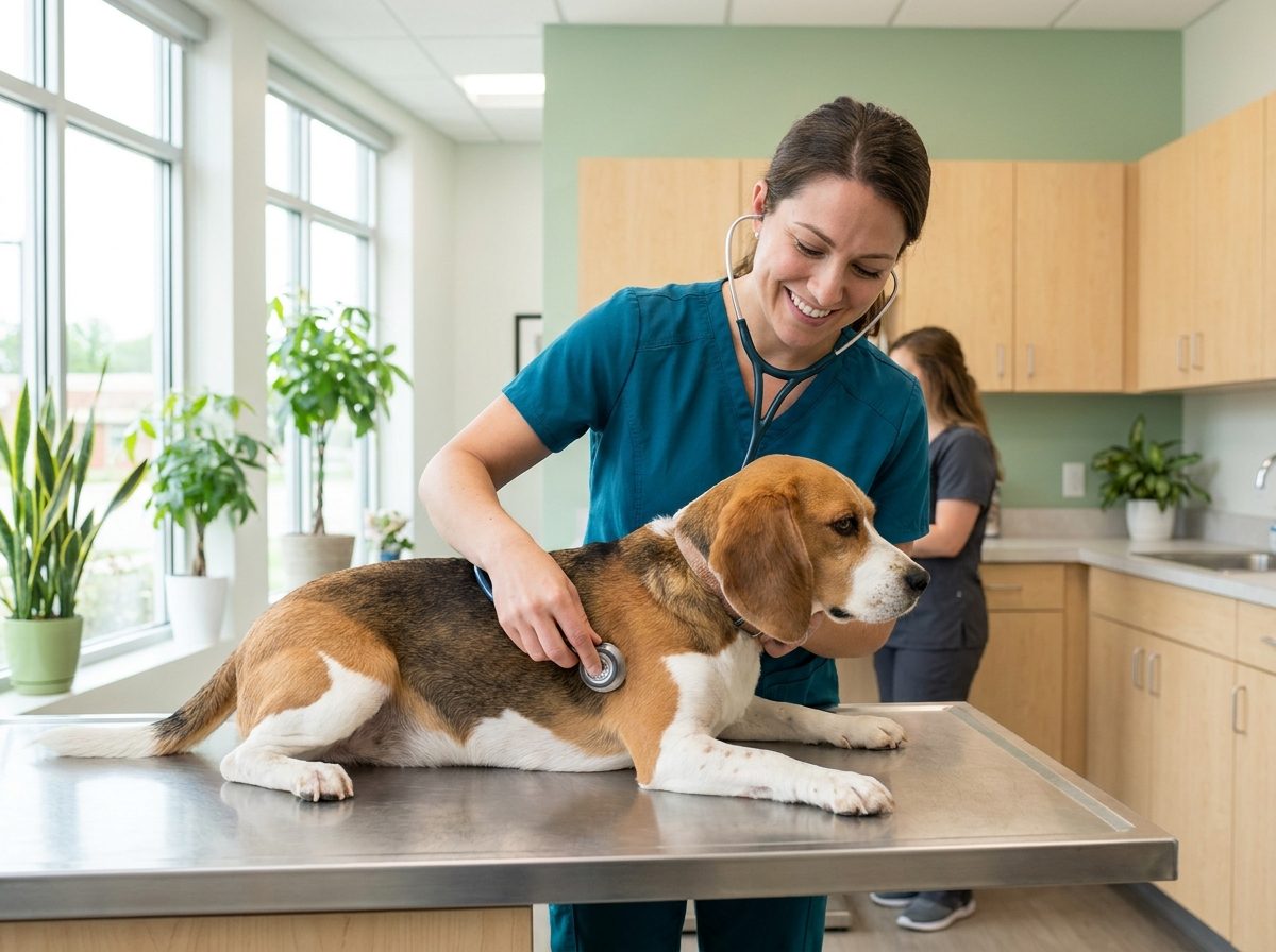 A vet examining a calm beagle at the Pet Station clinic